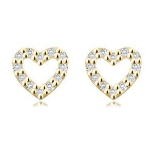 Diamantové náušnice ze žlutého 14K zlata - obrys srdce, čiré brilianty, puzetky