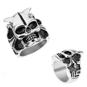 Ocelový prsten stříbrné barvy, lebka s rohy, srdce, kuličky, hranaté linie - Velikost: 65
