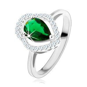 Stříbrný prsten 925, zelená zirkonová kapka, čirý blyštivý obrys - Velikost: 57