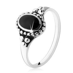 Patinovaný prsten ze stříbra 925, černý ovál, kuličky, vysoký lesk - Velikost: 60