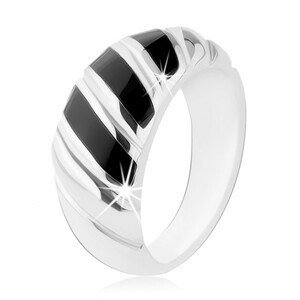 Prsten, stříbro 925, černý onyx, tři šikmé proužky, zářezy - Velikost: 54