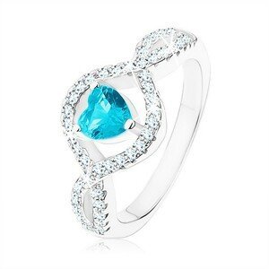 Stříbrný prsten 925, světle modré zirkonové srdce, vlnitá čirá ramena - Velikost: 49