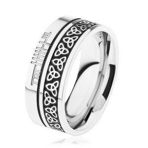 Lesklý prsten, ocel 316L, vzor - keltský uzel, lemy stříbrné barvy - Velikost: 62