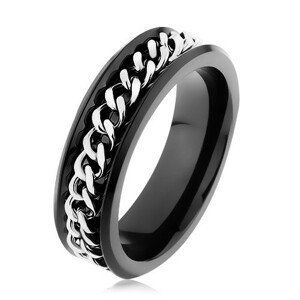 Lesklý černý prsten z oceli 316L, řetízek ve stříbrném odstínu - Velikost: 51