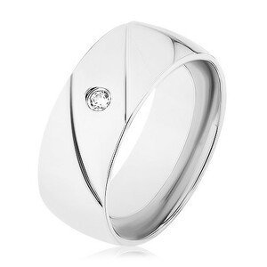 Prsten z oceli 316L, stříbrná barva, dva diagonální zářezy, čirý zirkonek - Velikost: 67