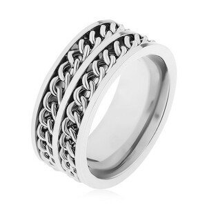 Prsten z oceli 316L stříbrné barvy, dva dekorativní řetízky, vysoký lesk - Velikost: 72