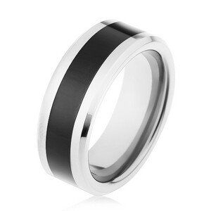 Lesklý prsten z wolframu, dvoubarevné provedení, černý pás, zkosené hrany - Velikost: 57