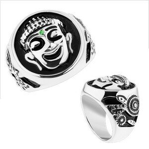 Masivní prsten, ocel 316L, stříbrná barva, černá glazura, usmívající se Budha - Velikost: 59