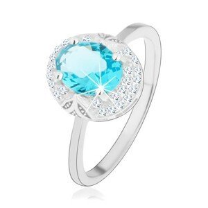 Rhodiovaný prsten, stříbro 925, světle modrý zirkonový ovál, výřezy - Velikost: 52