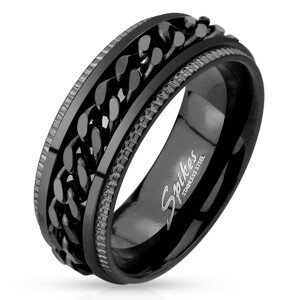 Ocelový prsten, černá barva, vroubkované okraje, řetízek uprostřed - Velikost: 62