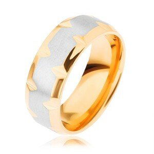 Prsten z chirurgické oceli, dvoubarevný - zlatý a stříbrný odstín, zářezy - Velikost: 65