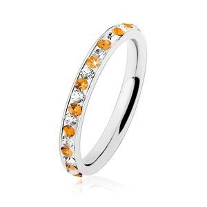 Ocelový prsten stříbrné barvy, čiré a oranžové zirkonky, bílá glazura - Velikost: 49
