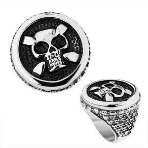 Ocelový prsten ve stříbrném odstínu, kruh, patinovaná lebka, srdce, tečky - Velikost: 60