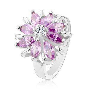 Lesklý prsten, stříbrný odstín, blýskavý květ z barevných zrníčkovitých zirkonů - Velikost: 53, Barva: Modrá