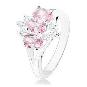 Lesklý prsten ve stříbrném odstínu, růžové zirkonové ovály, čiré zirkonky - Velikost: 56