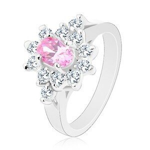 Prsten ve stříbrné barvě, broušený ovál v růžovém odstínu s čirým lemem - Velikost: 49