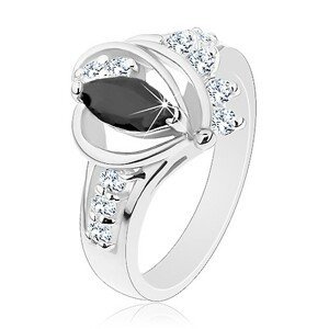 Prsten stříbrné barvy, černé zirkonové zrnko, lesklé oblouky, čiré zirkonky - Velikost: 52