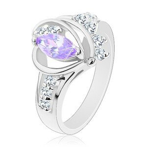 Prsten ve stříbrném odstínu, světle fialový zirkon, hladké oblouky, čiré zirkony - Velikost: 50