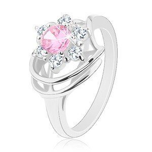Prsten ve stříbrné barvě, růžovo-čirý zirkonový květ, lesklé oblouky - Velikost: 50