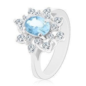 Prsten ve stříbrné barvě, světle modrý oválný zirkon, čiré zirkonové lupínky - Velikost: 54