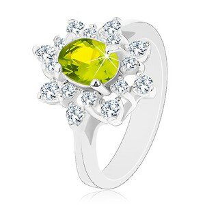 Prsten se stříbrným odstínem, blýskavý zeleno-čirý květ - Velikost: 49