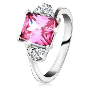 Třpytivý prsten ve stříbrném odstínu, obdélníkový zirkon v růžové barvě - Velikost: 50