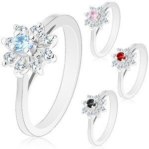 Třpytivý prsten se stříbrným odstínem, zúžená ramena, zirkonový kvítek - Velikost: 55, Barva: Růžová