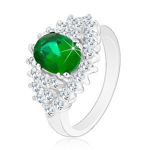 Lesklý prsten ve stříbrném odstínu, broušené čiré zirkonky, tmavě zelený ovál - Velikost: 51