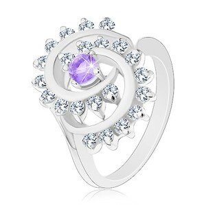 Blýskavý prsten s ozdobnou spirálou s čirým lemem, světle fialový zirkon - Velikost: 55