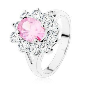 Prsten s rozdvojenými rameny, růžový zirkonový ovál, čiré lemování - Velikost: 48