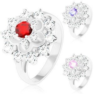 Třpytivý prsten ve stříbrném odstínu, kontura květu, kulaté zirkony - Velikost: 54, Barva: Růžová