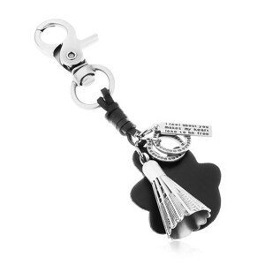 Přívěsek na klíče v šedé a černé barvě, badmintonový košík, známka a kruhy