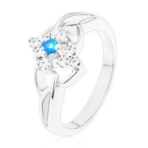 Třpytivý prsten s rozdělenými rameny, modrý zirkon v čirém kosočtverci - Velikost: 51