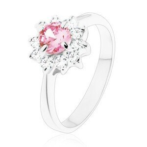 Lesklý prsten se zirkonovým kvítkem v růžové a čiré barvě, zúžená ramena - Velikost: 62