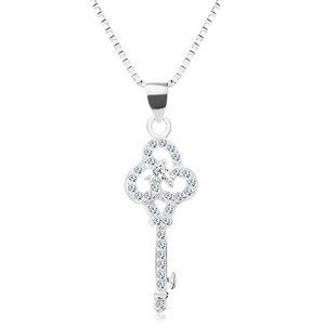 Stříbrný 925 náhrdelník, řetízek s přívěskem, čirý blýskavý klíček, zirkony