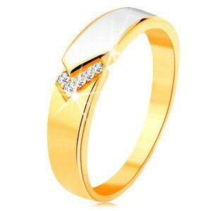 Prsten ze žlutého 14K zlata - lesklý pás bílé glazury, čiré zirkonky - Velikost: 56