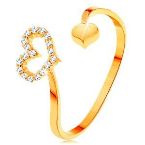 Zlatý prsten 585 - zvlněná ramena ukončená obrysem srdce a plným srdíčkem - Velikost: 48