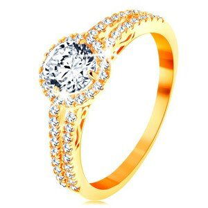 Prsten ze žlutého 14K zlata - čirý zirkon s blýskavým lemem, zdobená ramena - Velikost: 65