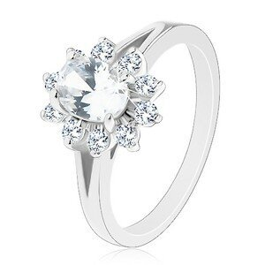Lesklý prsten ve stříbrném odstínu, zirkonový oválný kvítek čiré barvy - Velikost: 55