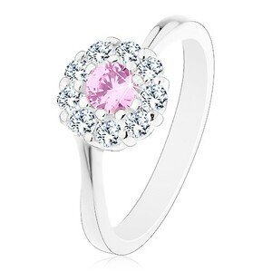 Prsten ve stříbrné barvě, růžovo-čirý zirkonový kvítek, lesklá ramena - Velikost: 52