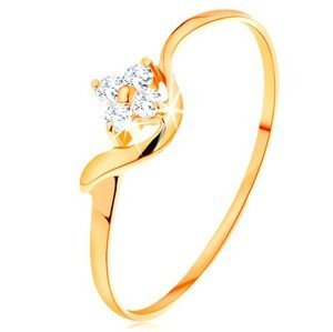 Prsten ze žlutého 14K zlata - čirý zirkonový kvítek, zvlněné rameno - Velikost: 55