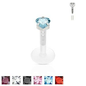 Piercing do brady a rtu z oceli 316L a z BioFlexu, blýskavé zirkonové srdíčko - Rozměr: 1,2 mm x 6 mm x 3 mm, Barva zirkonu: Čirá - C