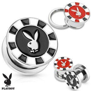 Tunel plug do ucha z oceli 316L, stříbrná barva, zajíček Playboy - Tloušťka : 6 mm , Barva piercing: Černá