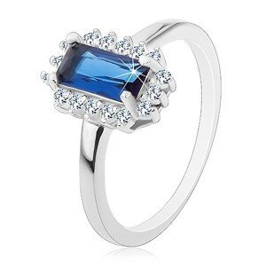Rhodiovaný prsten, stříbro 925, obdélníkový modrý zirkon, čirý zirkonový lem - Velikost: 62