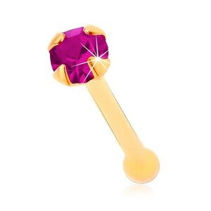 Rovný piercing do nosu ve žlutém 14K zlatě - zirkonek fuchsiové barvy, 1,5 mm