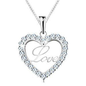 Stříbrný náhrdelník 925, tenký řetízek, třpytivá kontura srdce, nápis Love