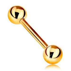 Zlatý 14K piercing - lesklý barbell se dvěma lesklými kuličkami, žluté zlato, 12 mm