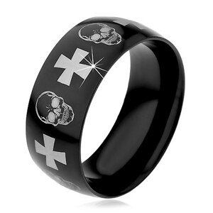 Ocelový prsten s černým povrchem, lebky a kříže stříbrné barvy, 9 mm - Velikost: 67