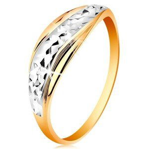 Zlatý prsten 585 - vlnky z bílého a žlutého zlata, blýskavý broušený povrch - Velikost: 56