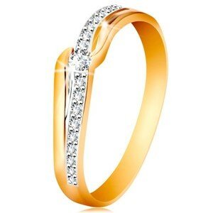 Blýskavý zlatý prsten 585 - čirý zirkon mezi konci ramen, zirkonová vlnka - Velikost: 58